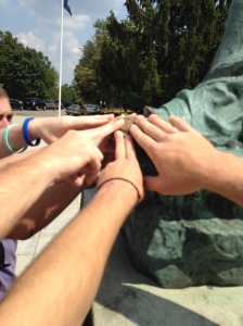 They say that if you rub the statue of Daniel Boone's foot you will have good luck for the rest of the semester. Our group for the scavenger hunt decided to all put our hands on it for good luck! It kind of looks like we are about to do a team cheer! EKU!